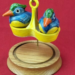 Unique Tropical Bird S&P Shakers in Holder with Coney Island Stamp On Holder
