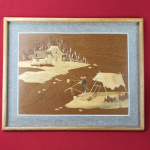 Vintage Handmade Wooden Inlay Wall Mounted Art Work - Fisherman and Huts