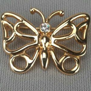 Gold Tone Vintage Butterfly Pin Brooch with Clear Rhinestone Gem - Signed "R"