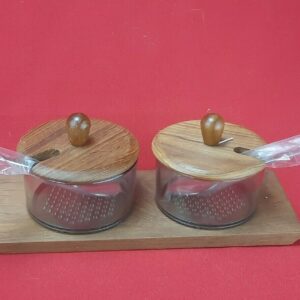 LUTHJE WOOD Denmark Teak 2 Condiment Serving Set Jars with spoons & Tray