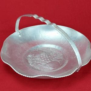 Vintage Hammered Aluminum Basket Tray Dish with Fruit Design and Handle