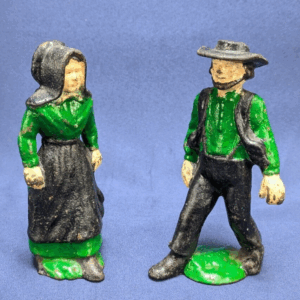 Vintage 6" Tall Cast Iron Amish Couple Figurines Hand Painted in Green