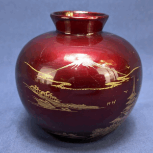 Vintage Japanese Lacquered Vase with Gold Detailing Mount Fuji Lake Scene Inlay