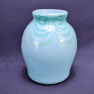 Vintage Opalescent Baby Blue and Green Swirl Glass Vase Hand Blown 6 1/2" Tall