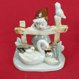 Vintage Porcelain Artwork Style Girl Peering Over A Fence At Swan With Babies