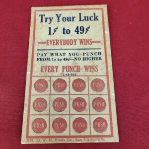 Vintage W. H. Brady TRY YOUR LUCK 1-49¢ Punch Card Game Gambling Party Decor
