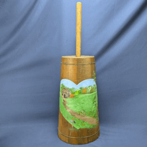 Vintage Hand-Painted Wooden Butter Churn – Joyce James Artwork, Rustic Farmhouse