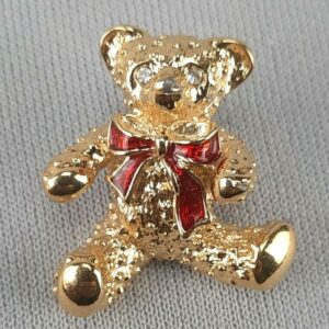 1989 Avon "Teddy Bear" Rhinestone Eyes - Red Enamel Bow - Unsigned